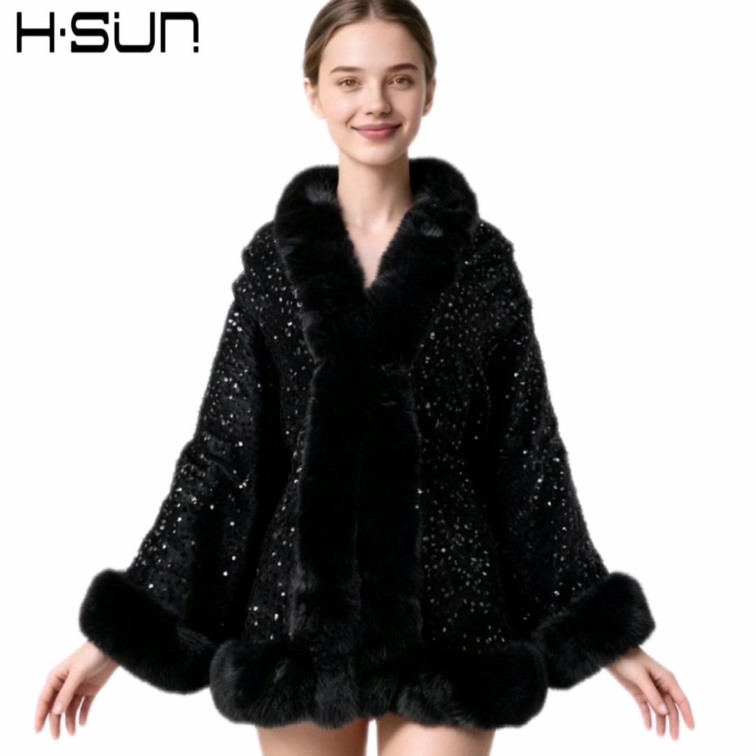 2026 Autumn and Winter Cape Outerwear Small Vest Street Style Cape Solid Color Sequins Fur Collar Poncho