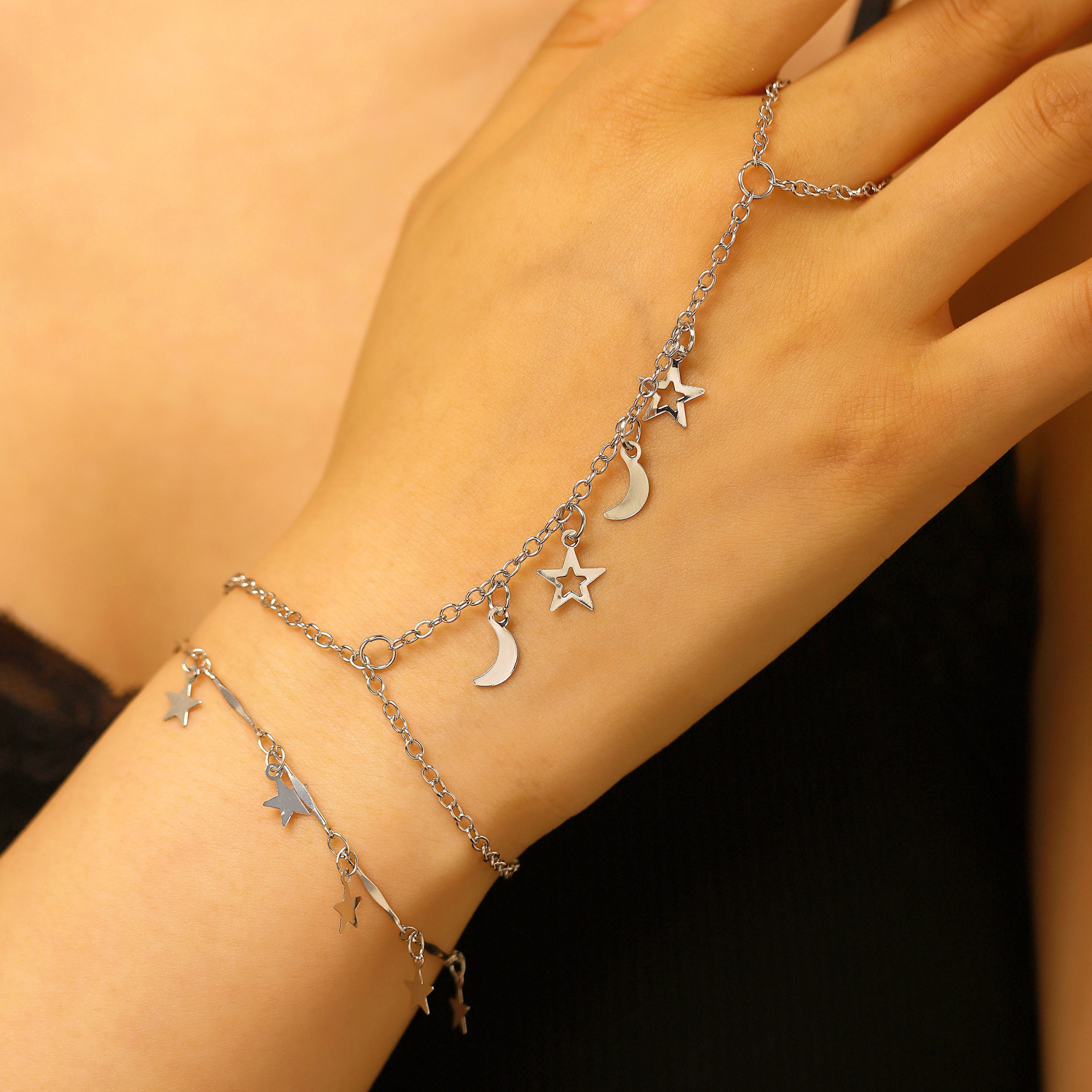 Chain Ring Bracelet Butterfly Heart Pearl Connected Finger Ring Hip Hop Exaggerated One-Piece Hand Jewelry
