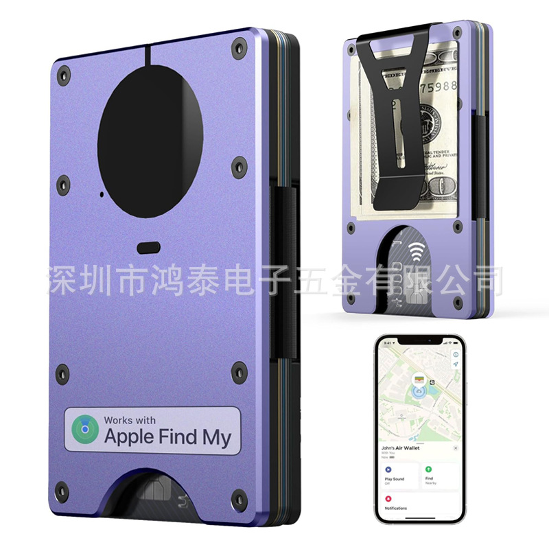 AirTag metal money clip with built-in Apple Airtag chip, trackable wallet, supports RFID blocking function