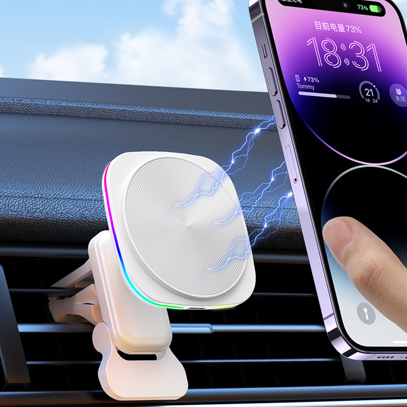 RGB light car magnetic wireless charger, suitable for Apple 12-15 car air vent mount fast charger