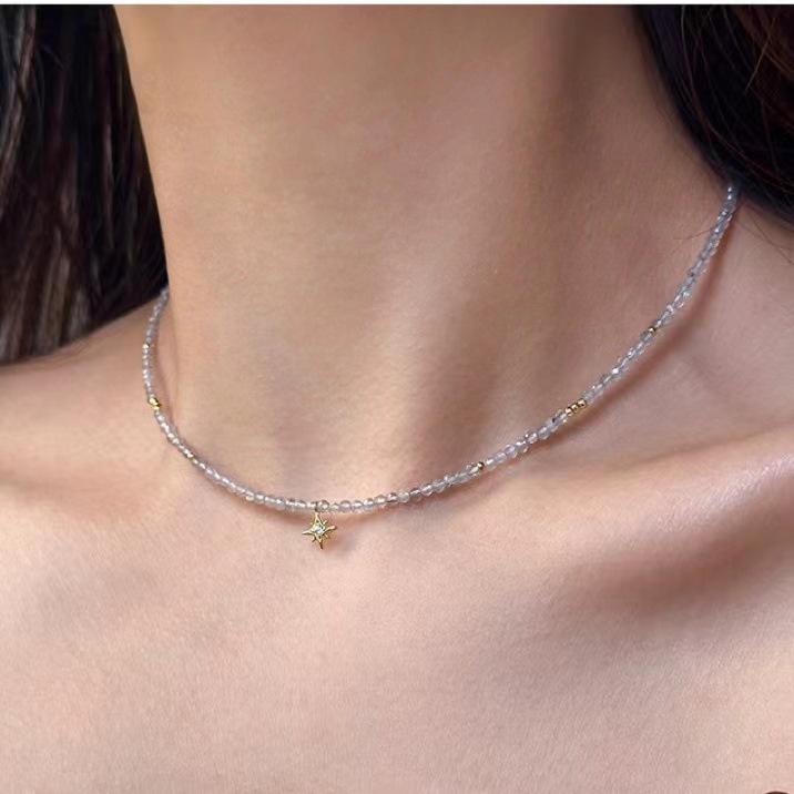 Champagne zirconia moissanite bead necklace women's summer niche star early spring accessories collarbone chain
