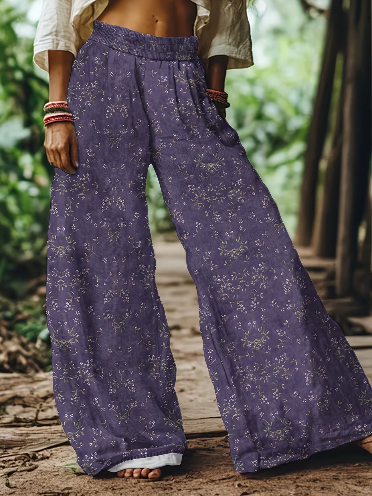 2026 Summer New Linen Printed Pants Commute Style High Waist Elastic Wide Leg Pants Women