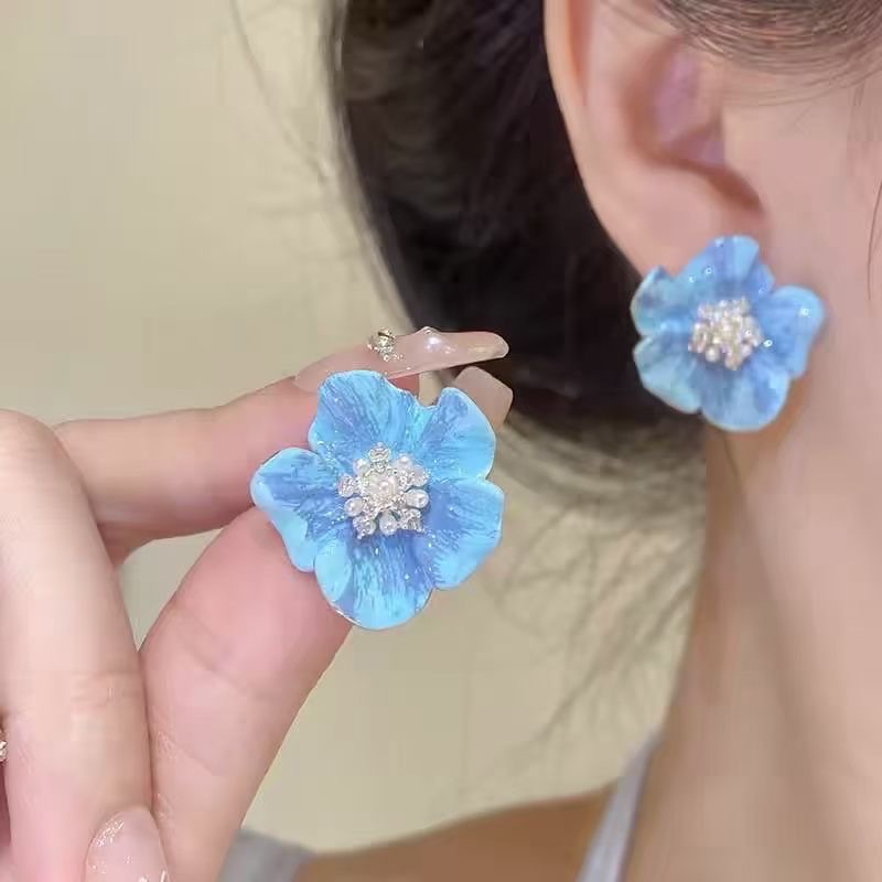 Sweet camellia pearl zircon ear studs women gentle whitening earrings elegant ear accessories