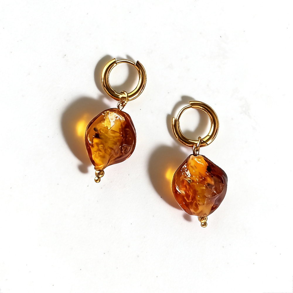 Leopard-Print Glass Heart-Shaped Flower Pendant Earrings—Stainless Steel Charms