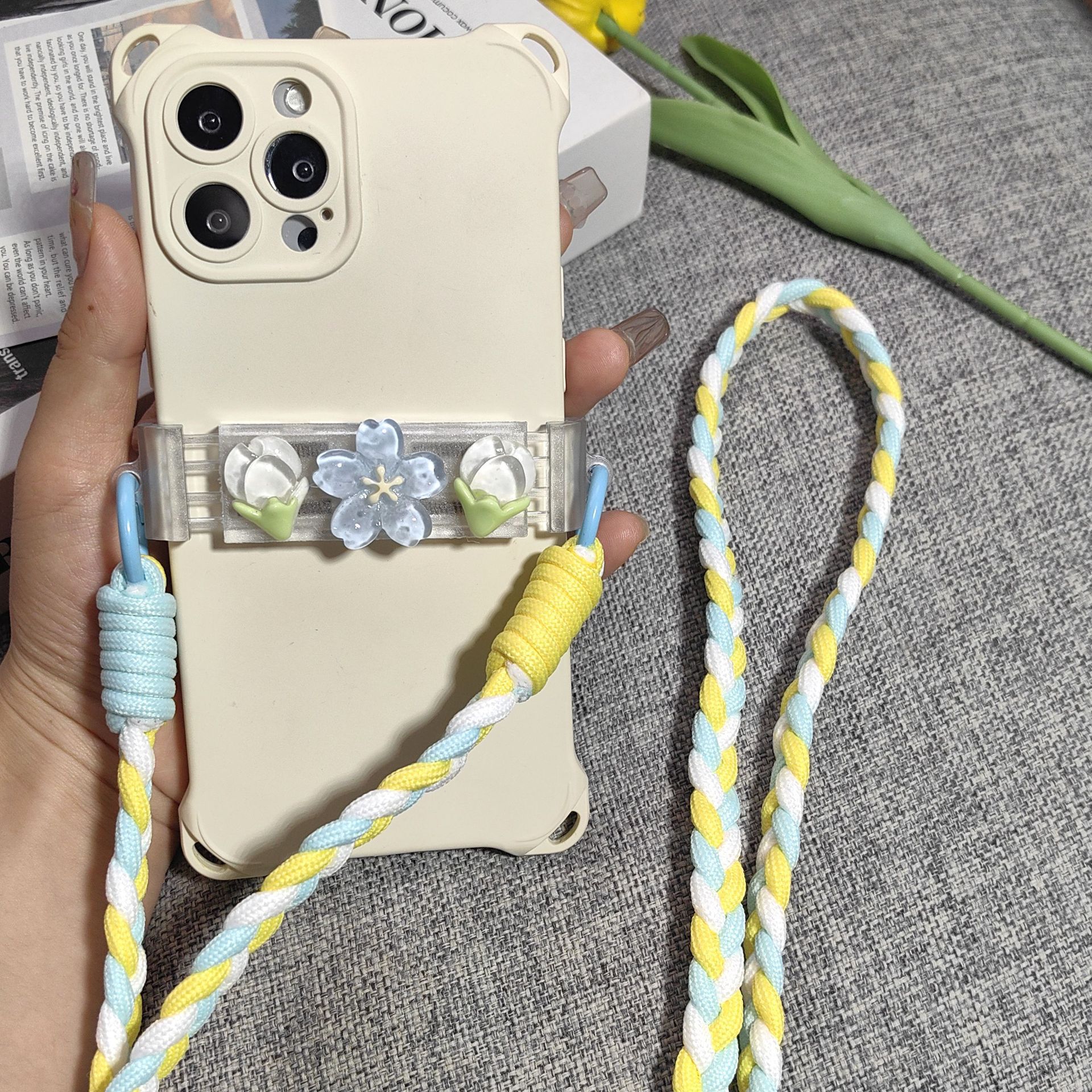3D crystal flower back clip diagonal long rope Japanese and Korean girl back strap portable hanging ornament anti-loss accessory