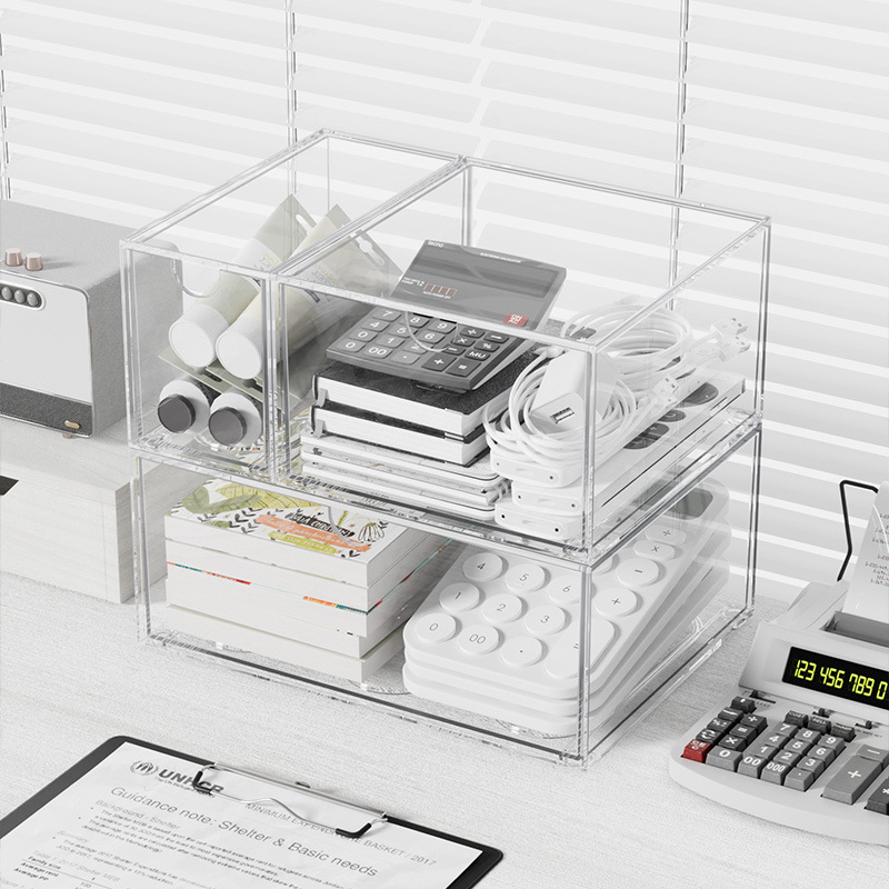 Desktop storage box, drawer type, acrylic transparent for stationery, cosmetics, office organizer