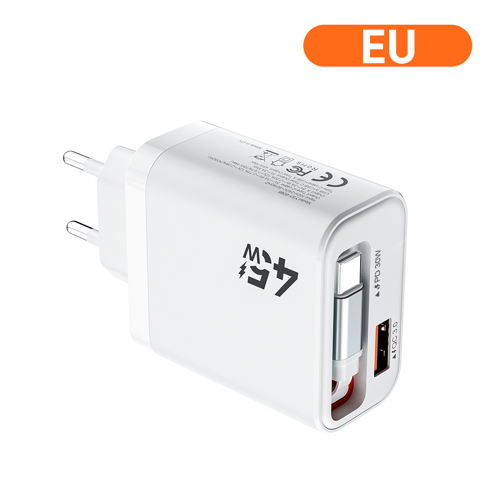 45W Retractable Cable Charger + USB Phone Charger 2-in-1 Foldable Plug