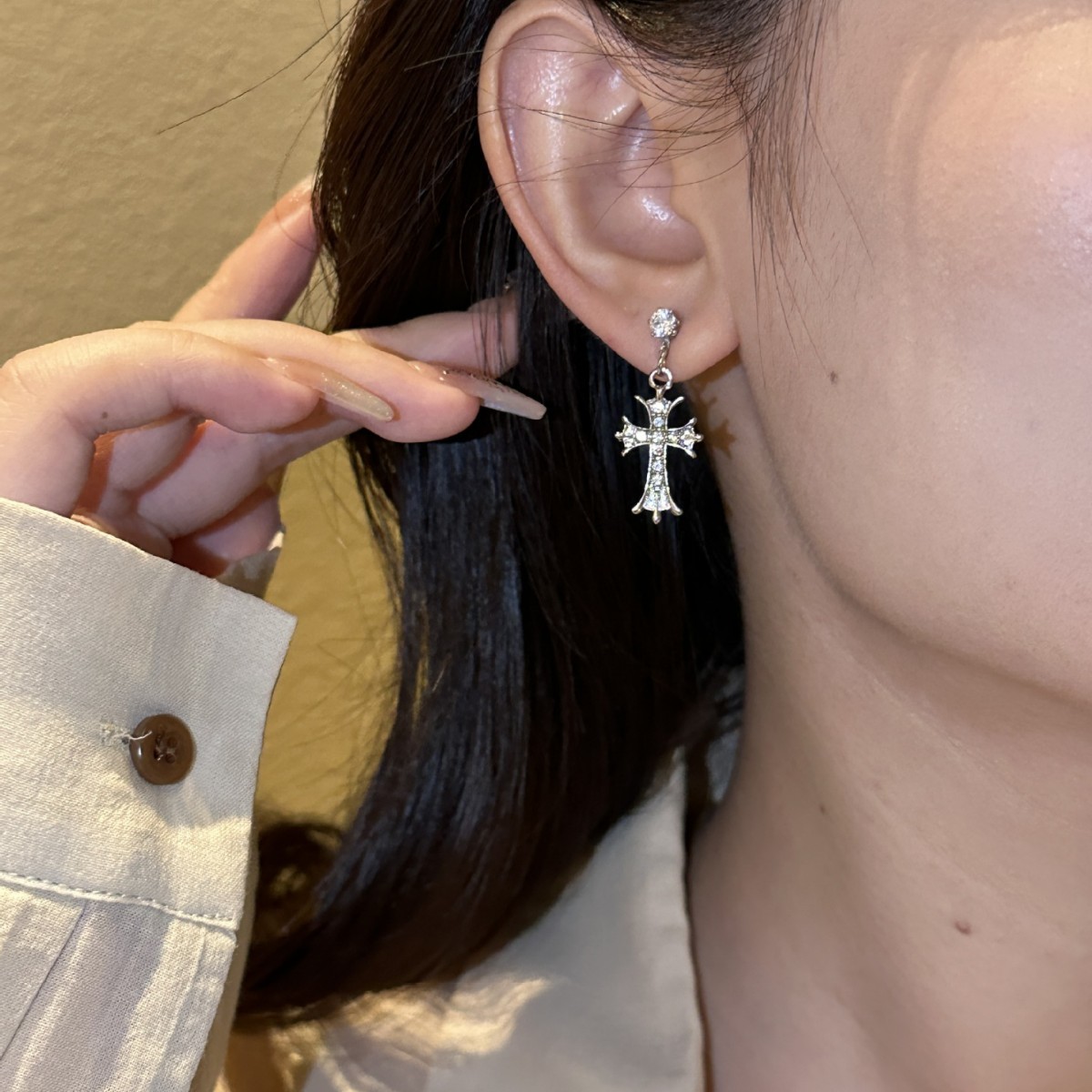 New Chinese Style Cross Earring Pendant Rhinestone Simple Cross Earrings for Women