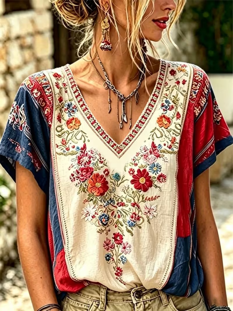 2026 Spring Summer New Exquisite Floral Vacation Print V-Neck Short Sleeve Women's T-Shirt Top