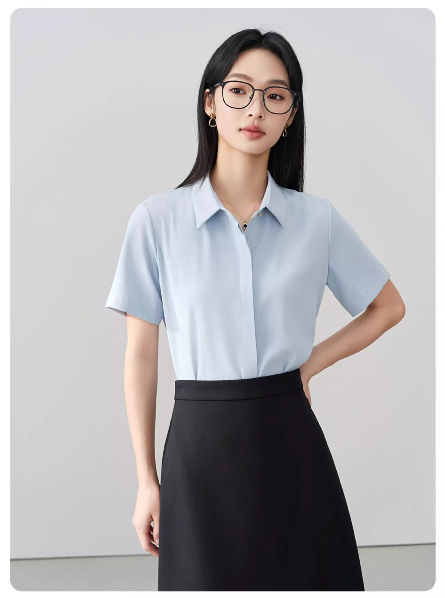 Blue Professional Short-Sleeve Shirt Women Summer New Commute Wear Chiffon Top Interview Formal Wear Petite Blouse