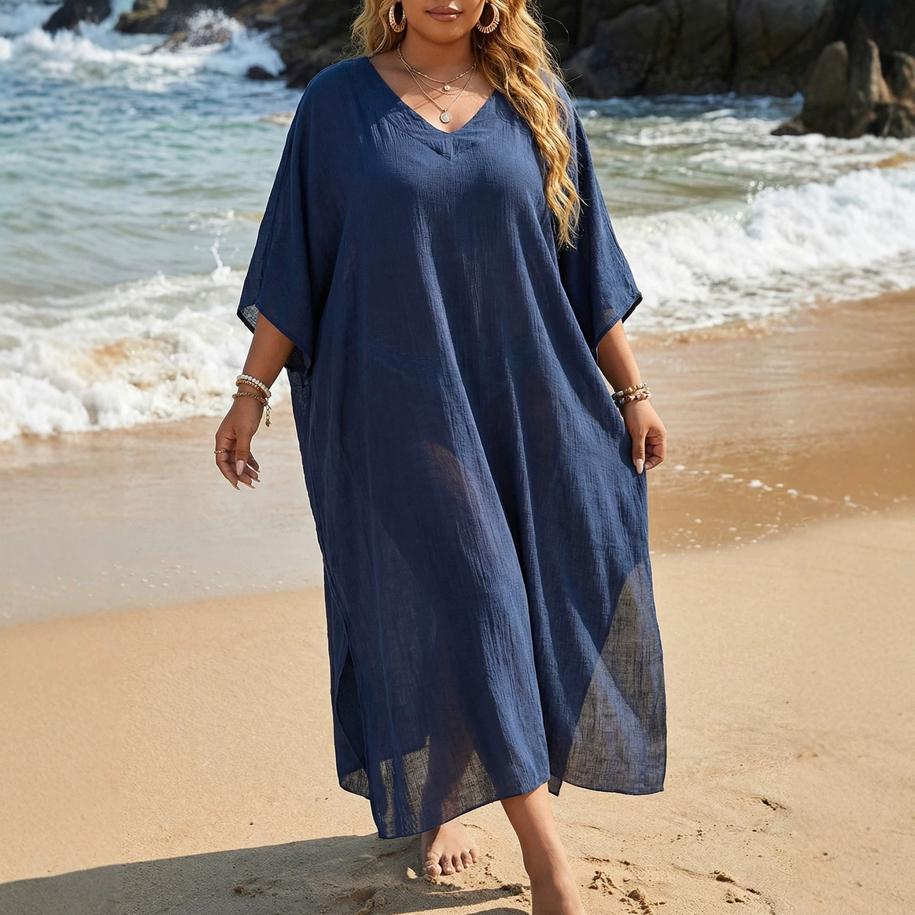 Beach Cover-Up Plus Size Women's Summer V-Neck Loose Casual Dress Split Floor-Length Beach Dress