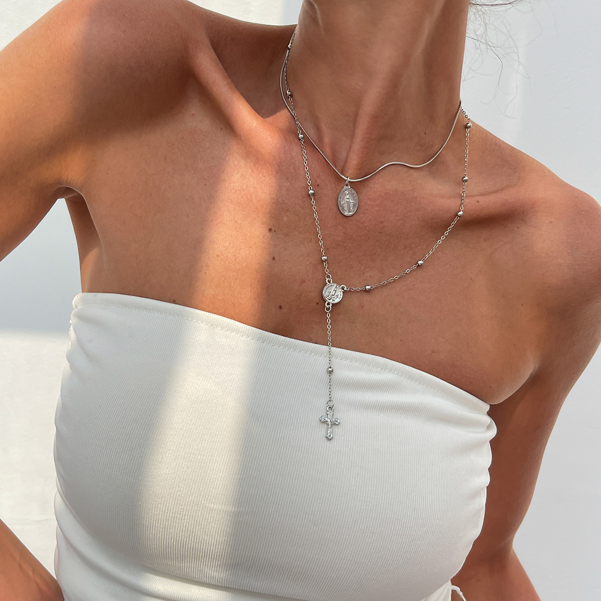 Jewelry 3-piece set rhinestone cross chain necklace set small flower crystal copper-clad iron chain neck chain