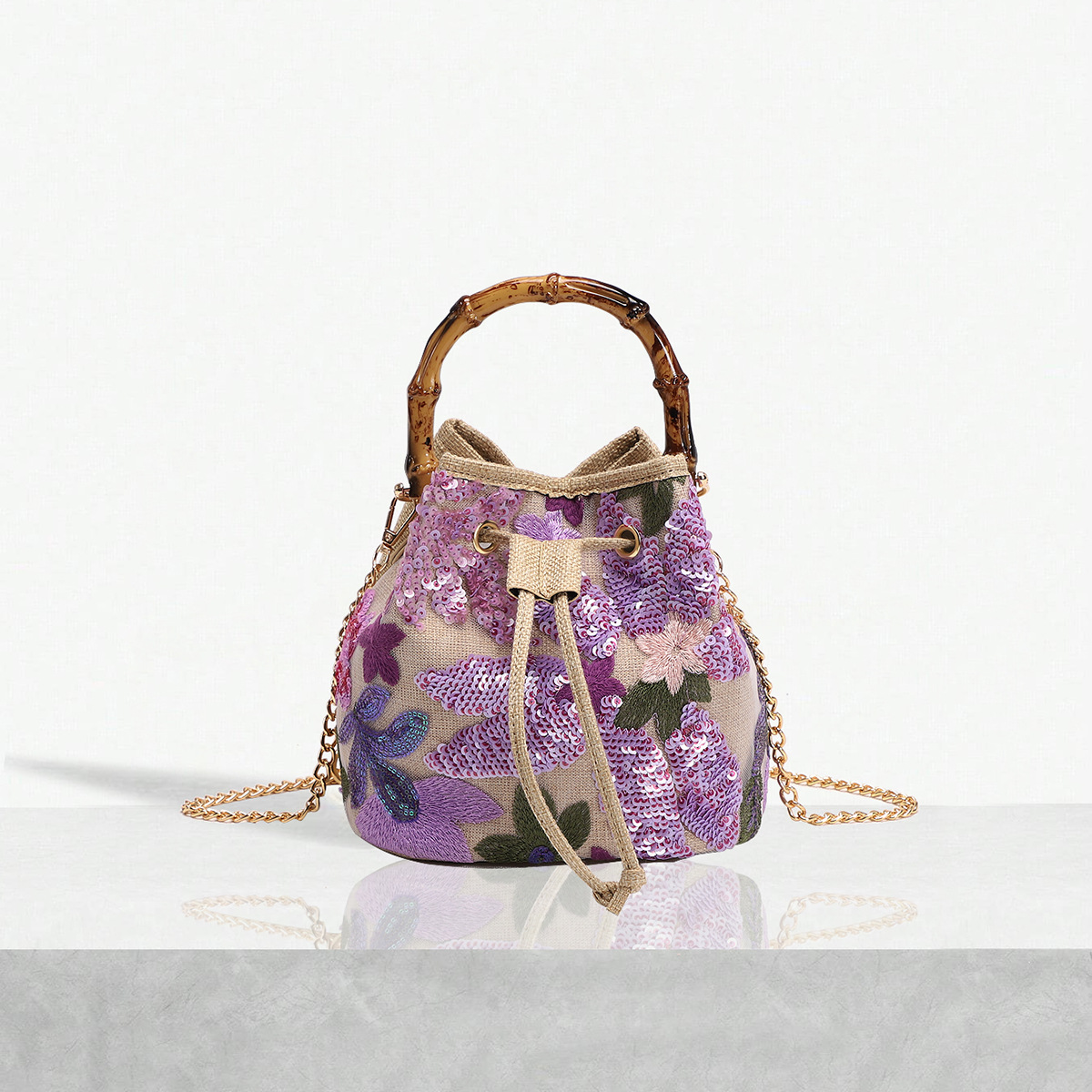 Women's Bag New Sequins Bucket Bag Contrast Color Mesh Embroidery Splicing Single Shoulder Chain Crossbody Bag