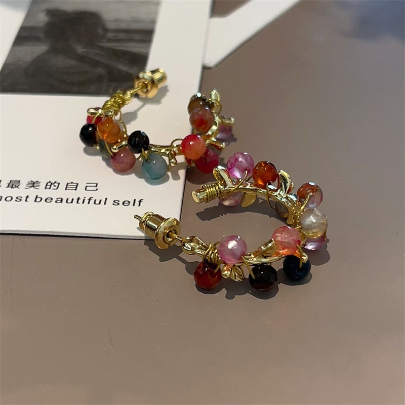 Bohemian Style Colorful Crystal Beaded Big Hoop Earrings Women Sweet Candy Color Rice Bead Wrapped Exaggerated Earrings