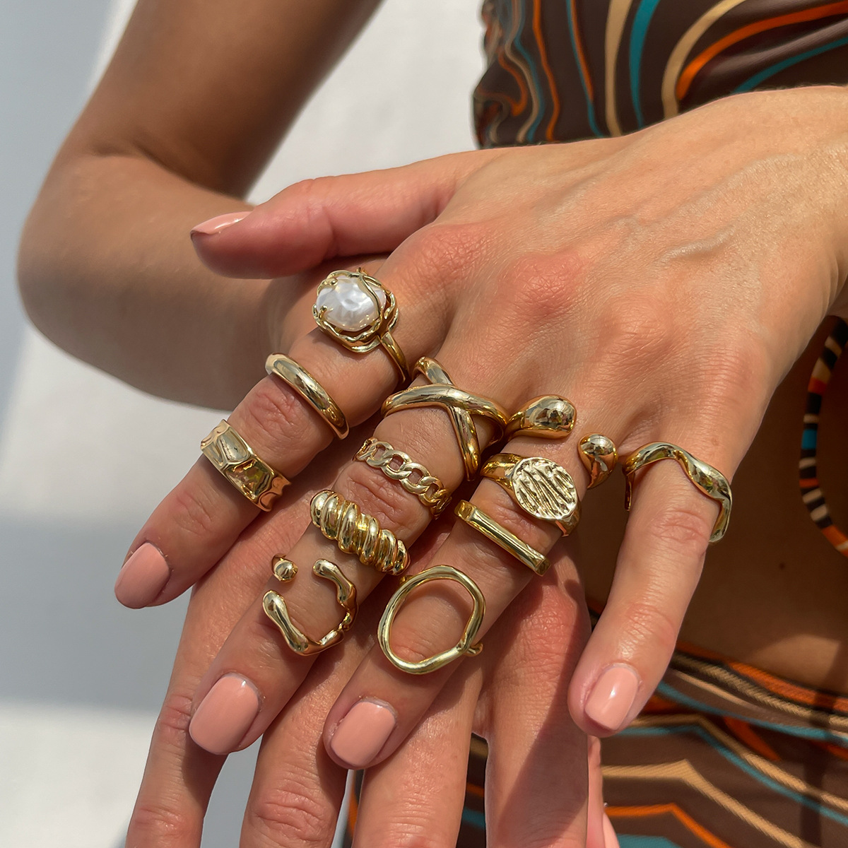 Jewelry alloy open twist ring pearl hollow irregular ring set