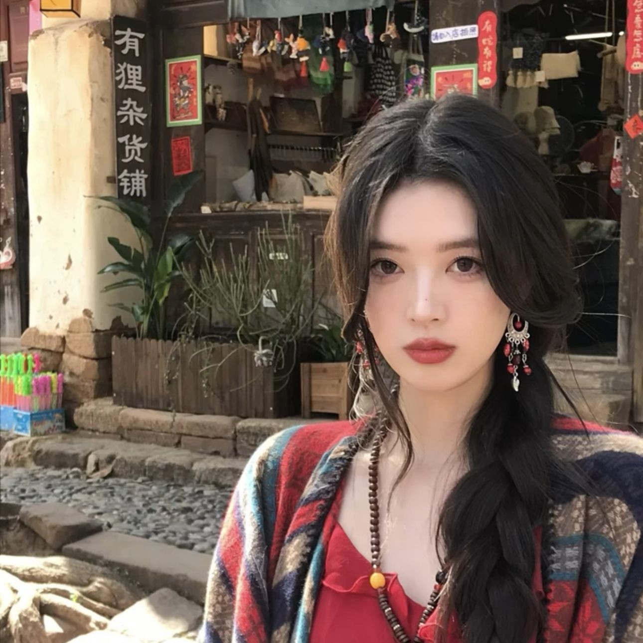 Ethnic style red bead tassel Bohemian earrings Yunnan travel resort style ear cuff feather ear accessories