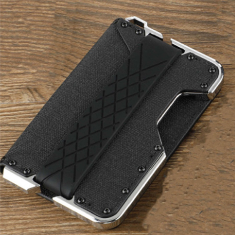 Special Supply Top Layer Leather Aluminum Alloy Card Case Microfiber Leather Metal Wallet Dual Fold Design RFID Shielding Function