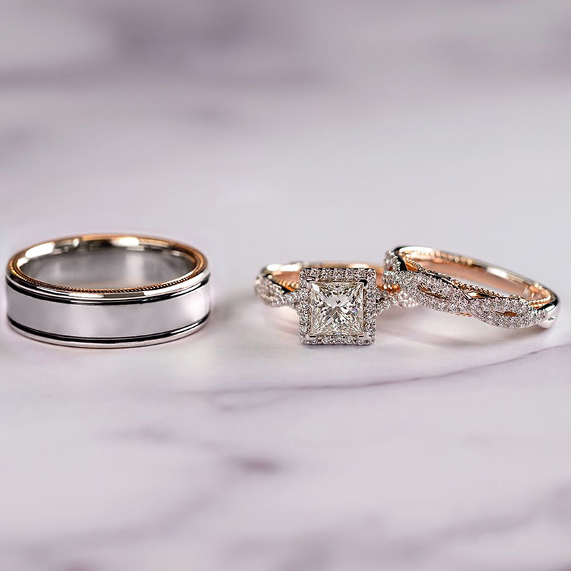 Cao Shi Three-Piece Ring Set Rose Gold Two-Tone Shining Zircon Ring Women's Luxurious Engagement Ring