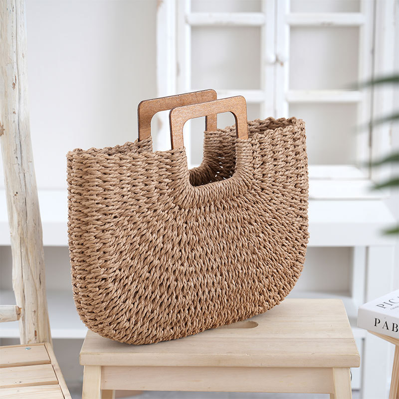 New Wooden Handle Woven Bag Large Capacity Handbag Casual Simple Summer Beach Vacation Travel Straw Bag