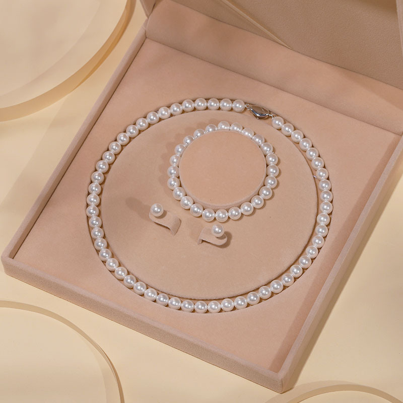 Natural Deep Sea Mother-of-Pearl Bead Pearl Necklace Clavicle Chain Jewelry Set for Women Three-Piece Mother's Day Gift