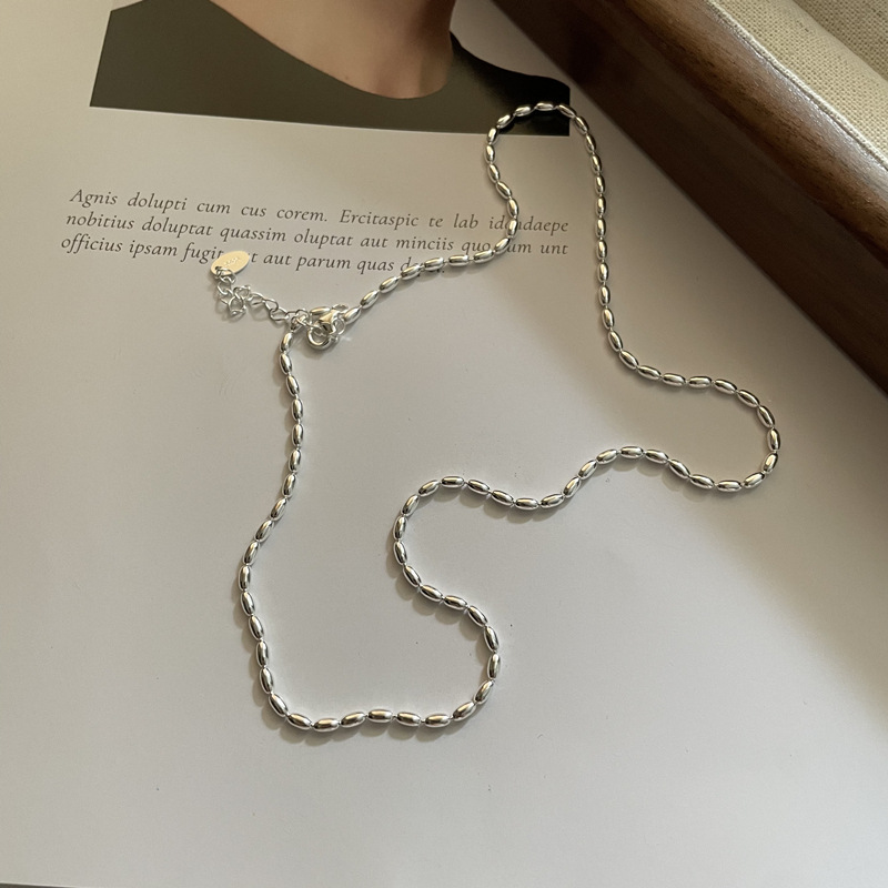 925 sterling silver simple niche INS layered rice bead olive bead necklace women's collarbone chain
