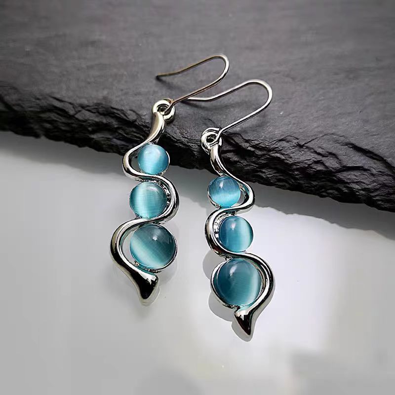 Simple Blue Cat Eye Round Bead Curved Wave Ear Hook Ear Accessories