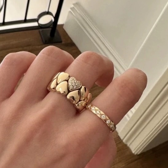 Vintage heart ring, plated 18k gold with zircon, double layer stacked rhinestone heart index finger ring