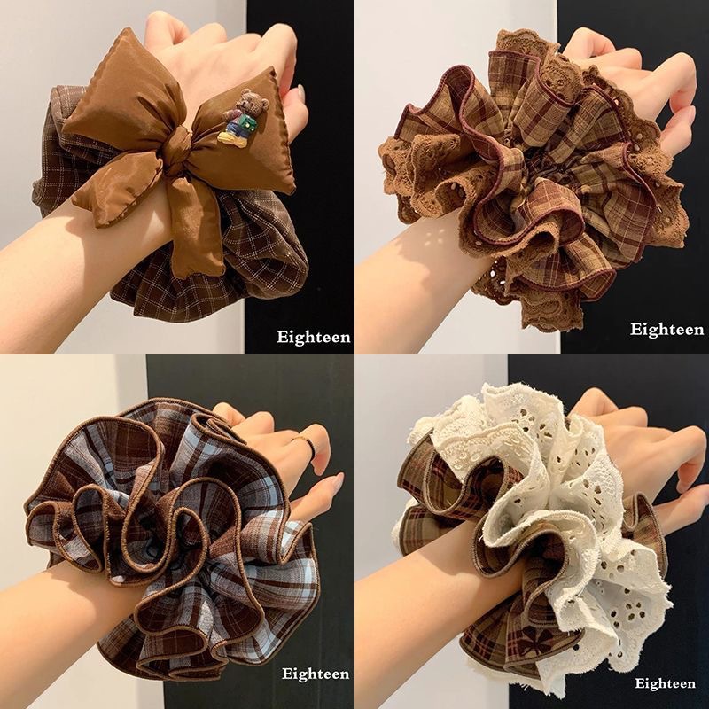 Heavy craft brown bow large hair scrunchie for women super texture ponytail bun hair tie elastic