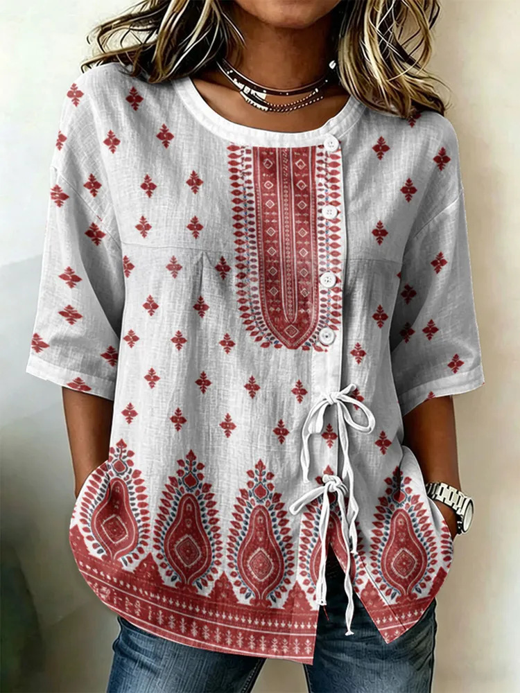 2026 New Summer Women's Top Printed Casual Short Sleeve Drawstring Bow Blouse