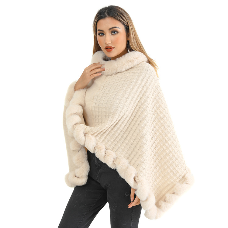 Autumn Winter New Imitation獭兔 Fur Collar Pullover Shawl Irregular Plus Size Knit Cape Loose Knit Coat Women