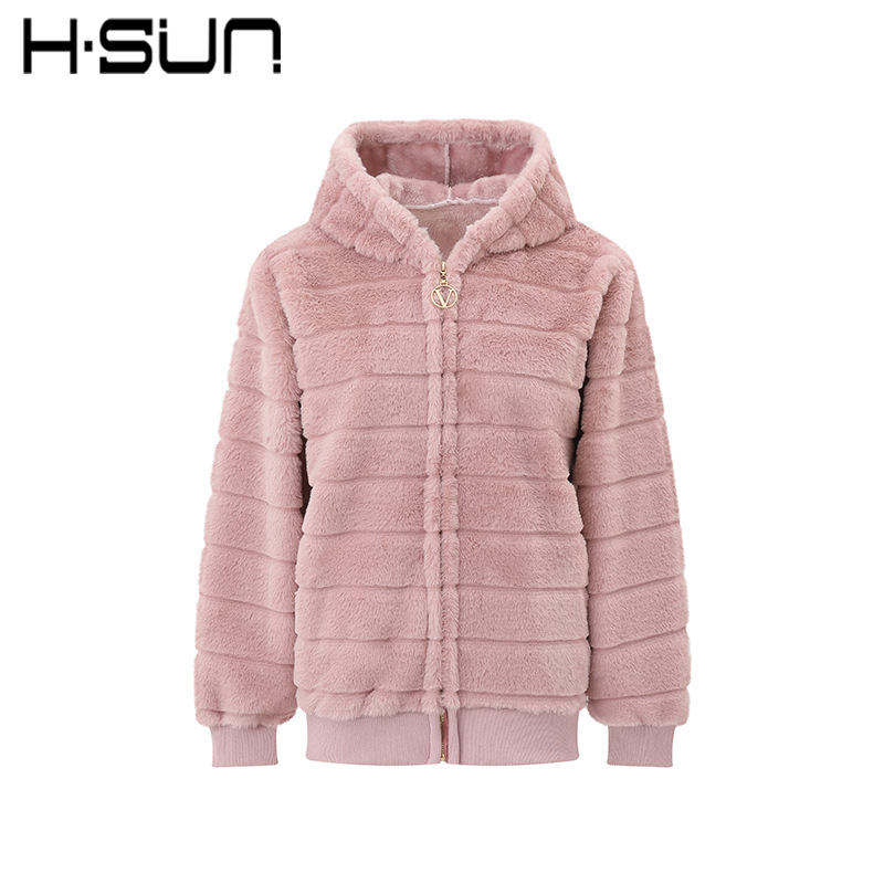 H·SUN Women's Plush Stand Collar Zip-Up Cardigan Sweatshirt Thick Fleece Japanese and Korean Casual Neutral Style 2026 Winter