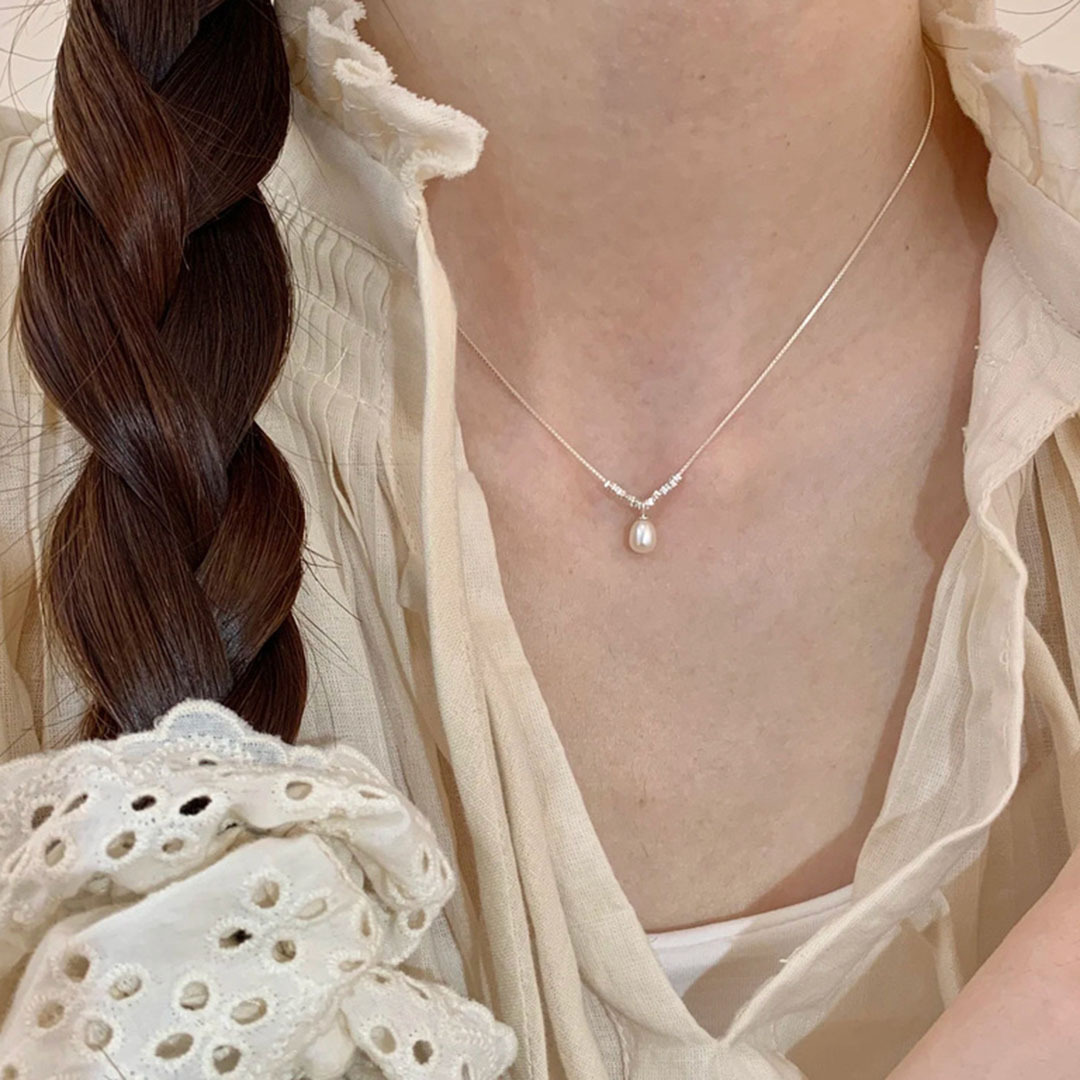 S925 Sterling Silver Crushed Silver Natural Freshwater Pearl Pendant Necklace Women Niche Collarbone Chain