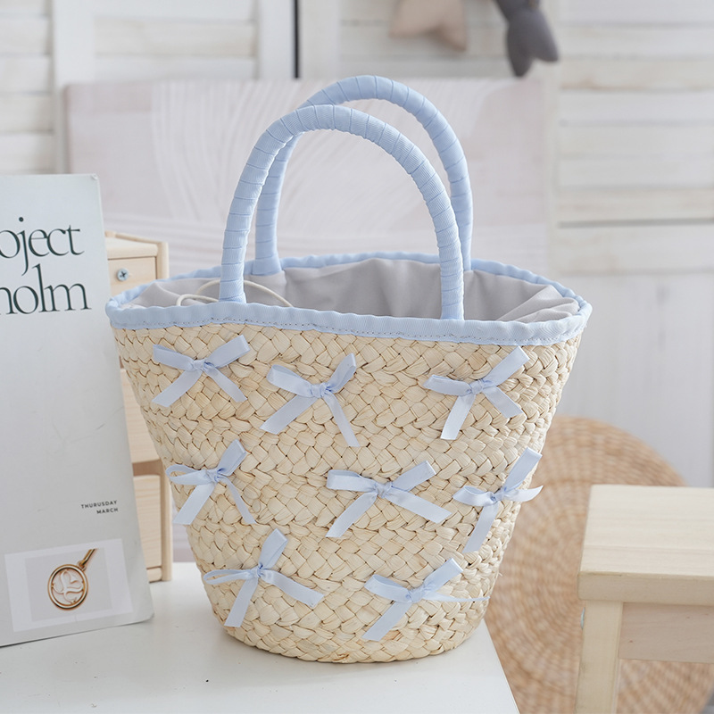 Korean chic urban minimalist straw woven bag with bow, large capacity bucket shoulder bag, beach vacation bag