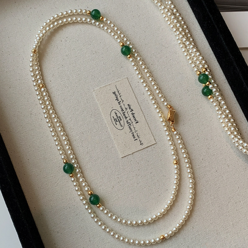 Chrysoprase multi-layer long pearl necklace women new Chinese style agate cheongsam accessory sweater chain neck chain