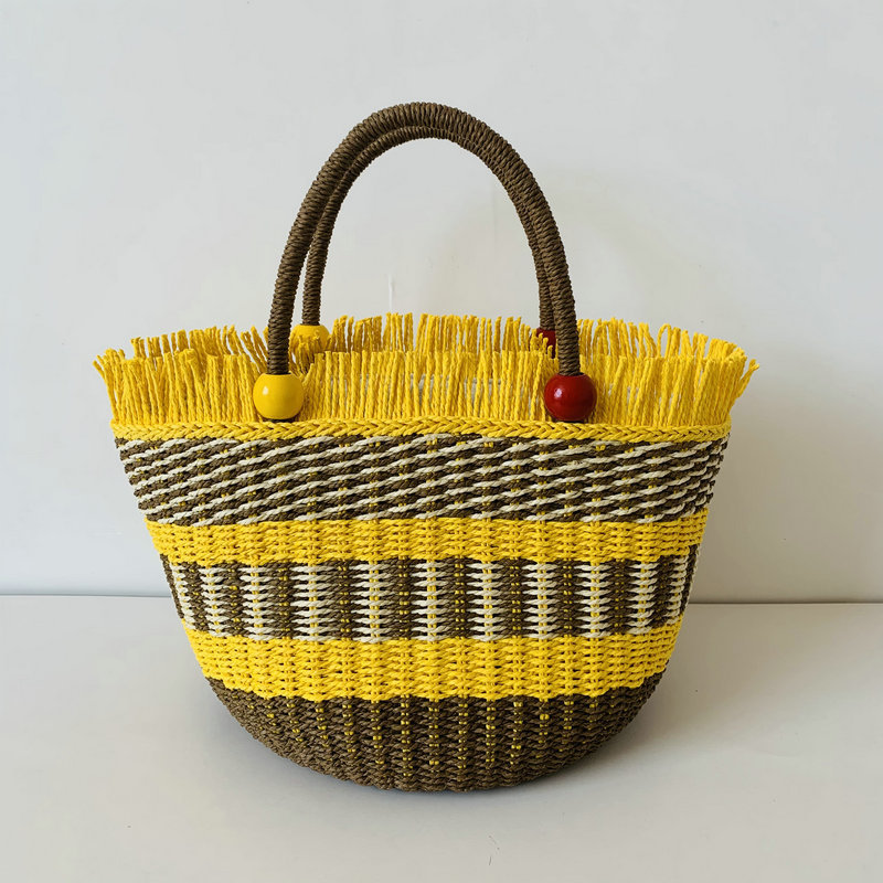 Rural vacation style beach bag, basket handbag, wooden bead straw woven bag, new twill woven bag, multiple colors