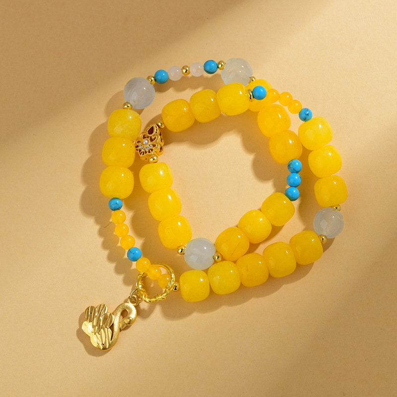 Xinjiang Gold Silk Jade Multi-loop Bracelet Peace Buckle Pendant New Chinese Style Ethnic Style Buddha Bead Prayer Bead Bracelet