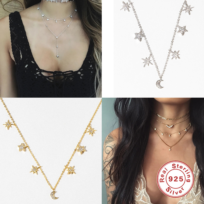 S925 sterling silver INS symmetrical star moon diamond necklace with zircon clavicle necklace