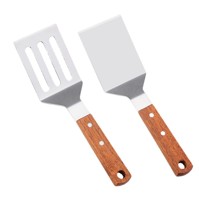 Wooden handle stainless steel frying spatula, home kitchen tool, steak spatula, hand-grabbed cake spatula, pancake spatula, teppanyaki cooking spatula