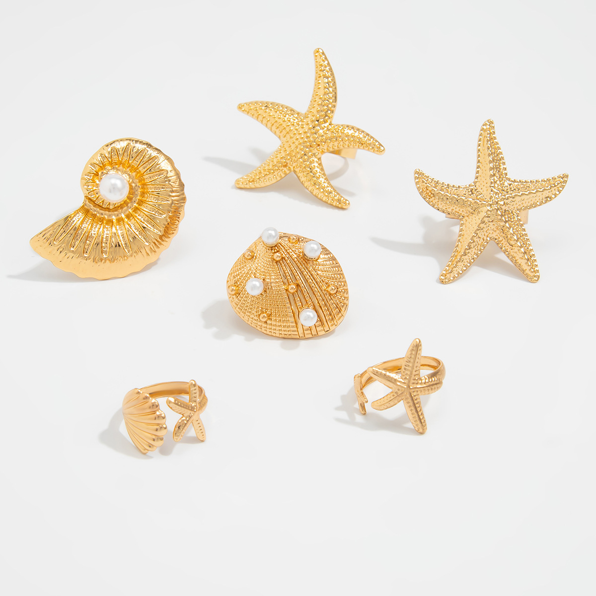 Starfish Shell Open Ring Set Women Ocean Style 6-Piece Set Pearl Adjustable Ring
