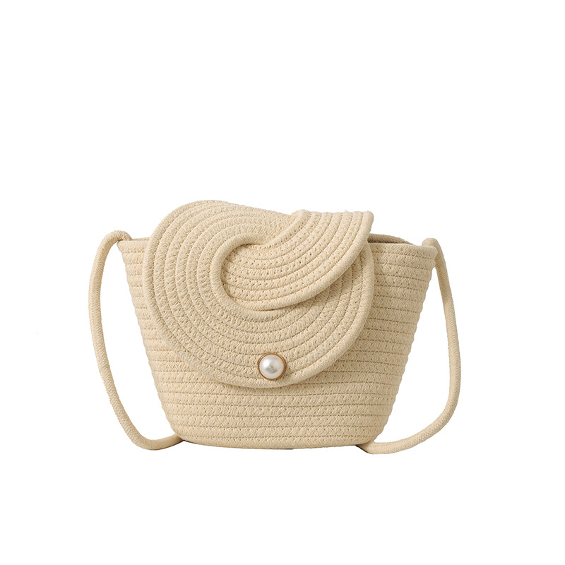 Small fresh pearl flap bag crossbody cotton rope woven bag casual shoulder straw bag mini beach bag women's bag