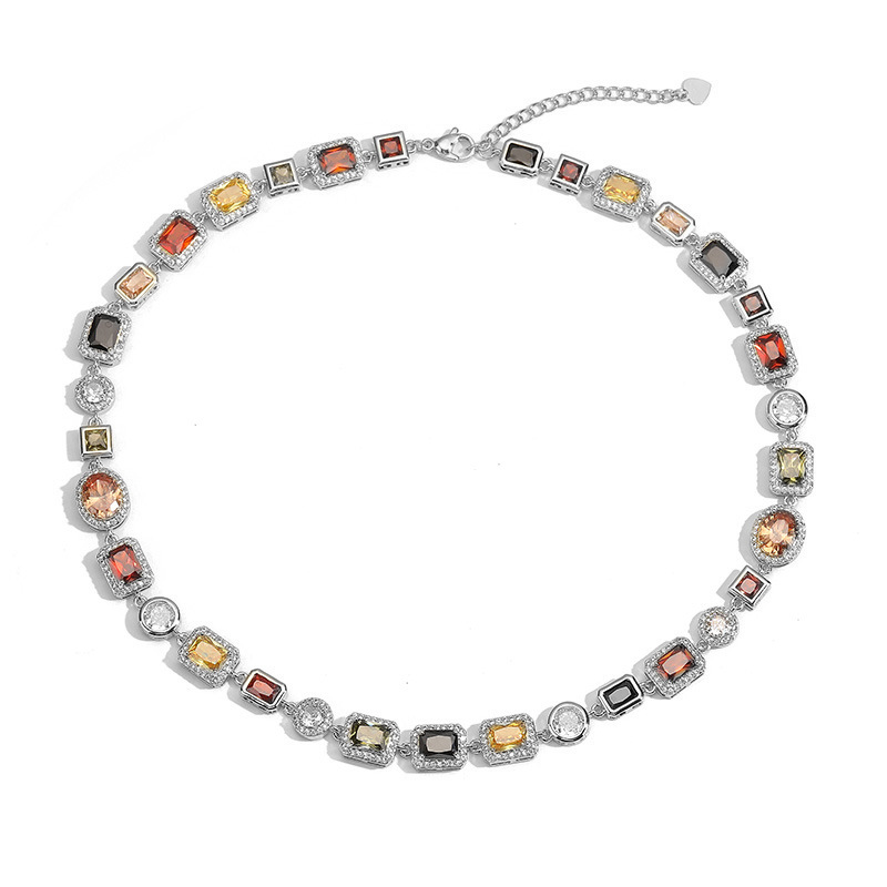Geometric Inlaid Colorful Diamond Choker Necklace, Bracelet, and Necklace Set in Palace Style