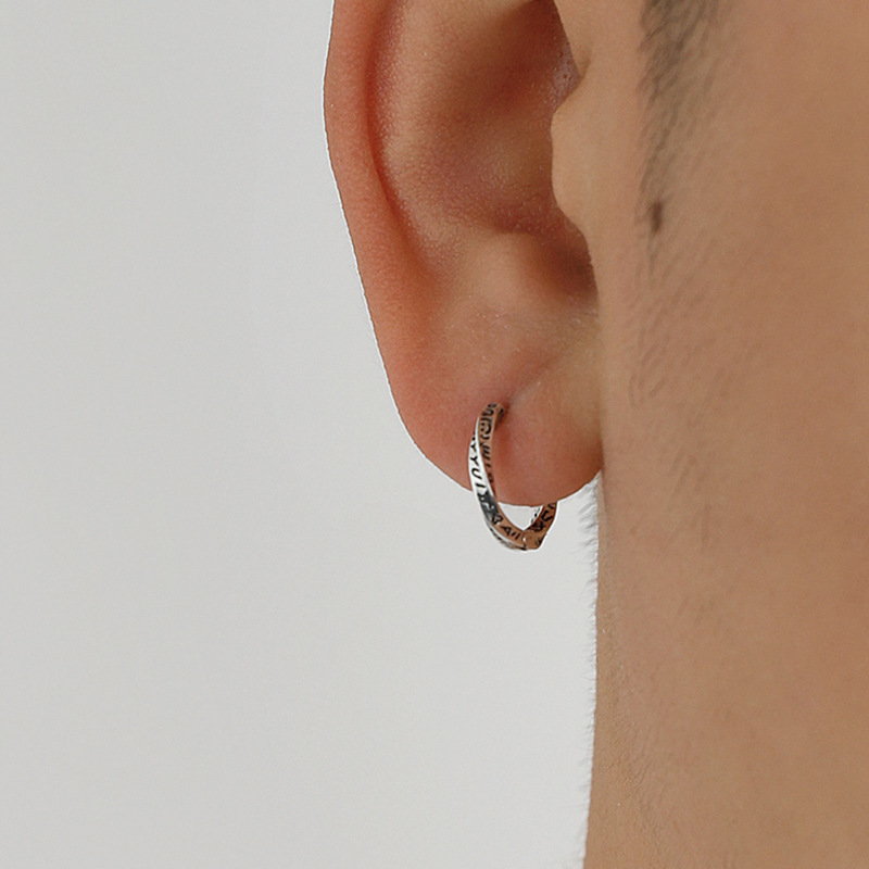925 silver needle earrings for men, vintage ear buckle printed earrings twisted grain couple student