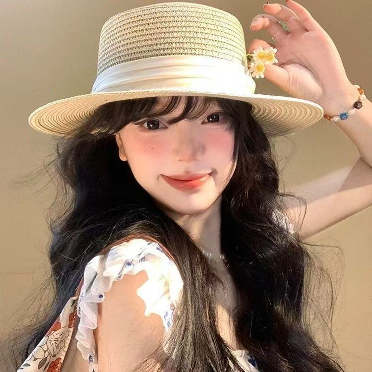 Flat Top Woven Straw Hat for Women, Sweet Beach Sun Protection Fisherman Hat, Wide Brim, Face Slimming Basin Hat
