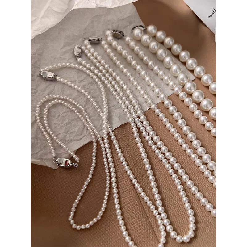 Swarovski Pearl Necklace for Women, Small Design Simple Clavicle Chain, Buckle Button, Sweater Chain