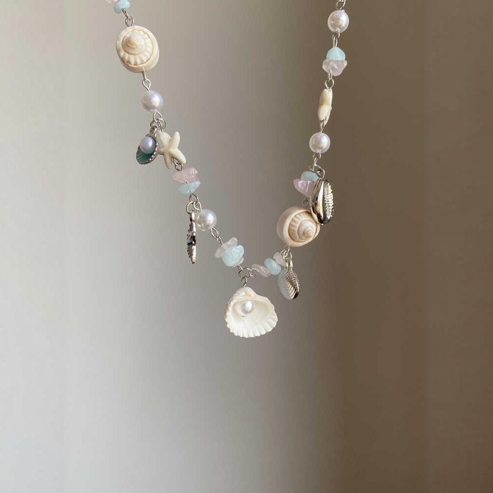 Vacation style colorful shell starfish pearl necklace women 2025 new summer dopamine collarbone chain accessory