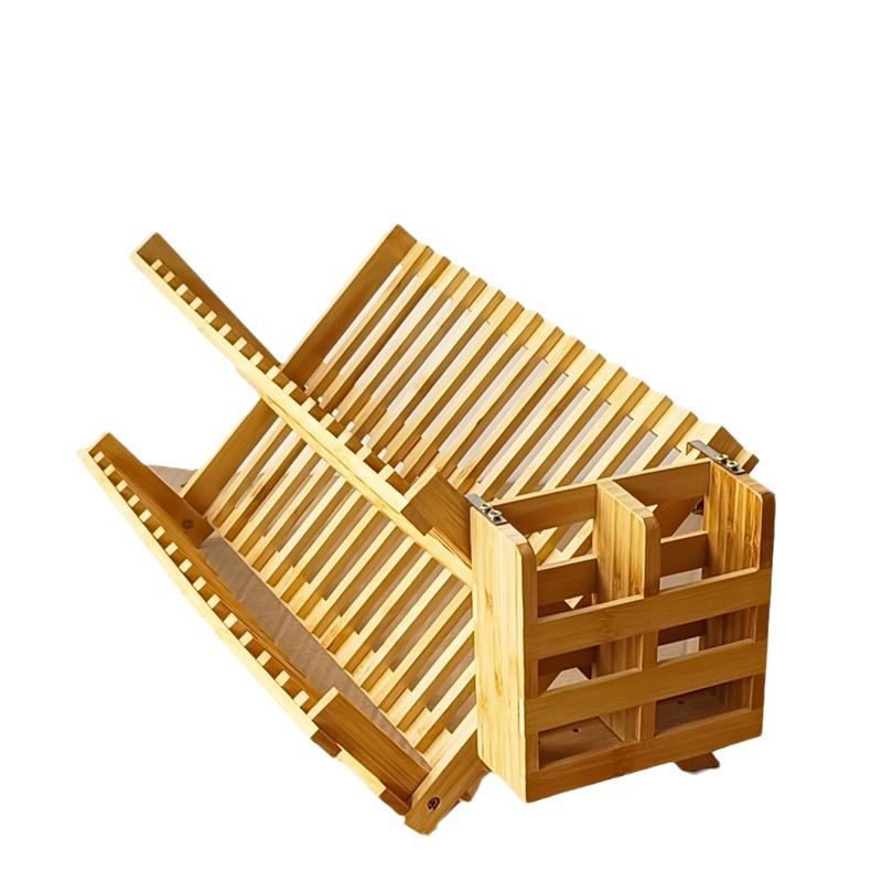 Folding draining bowl rack bamboo double-layer bowl plate rack kitchen storage rack with chopstick holder