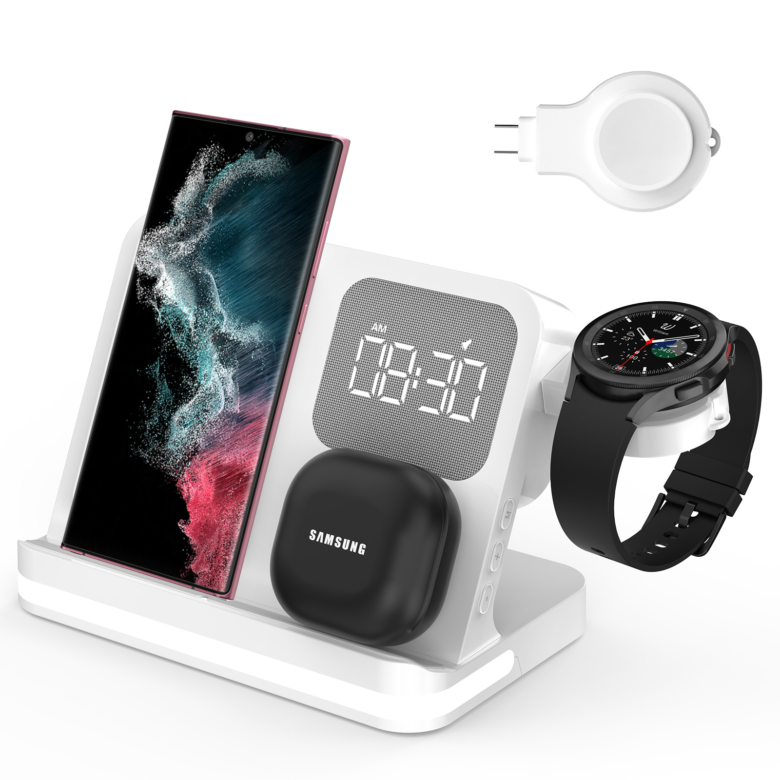For Huawei Apple Samsung Phone Earphone Watch Clock Alarm Lamp 4-in-1 Wireless Charger