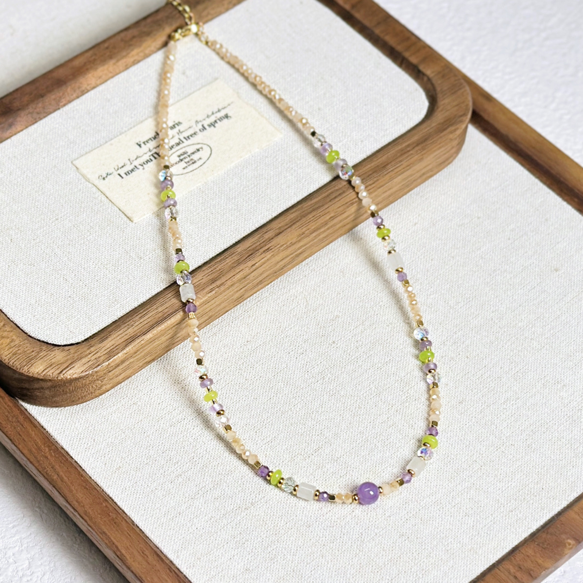 New Ethnic Contrast Color Natural Stone Beaded Necklace Small Geometric Pendant Collarbone Chain Sweater Chain