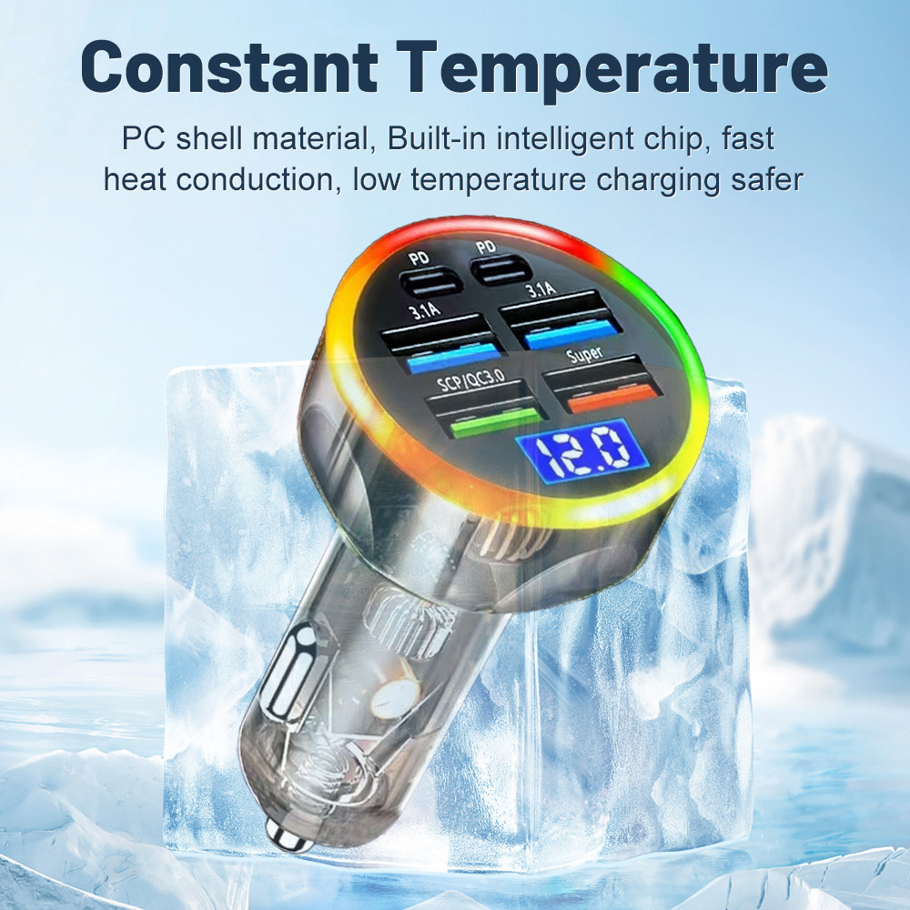 Set 6USB Colorful with Digital Display Supports Super Fast Car Charger with Voltage Car Charger One-to-Six Fast Car Charger