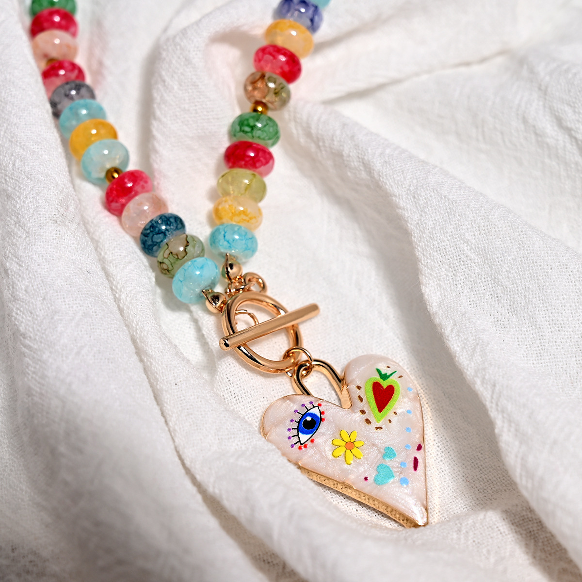 Accessories Mixed Color Glass Bead Necklace for Women Heart Pendant Handmade Bead Choker Necklace